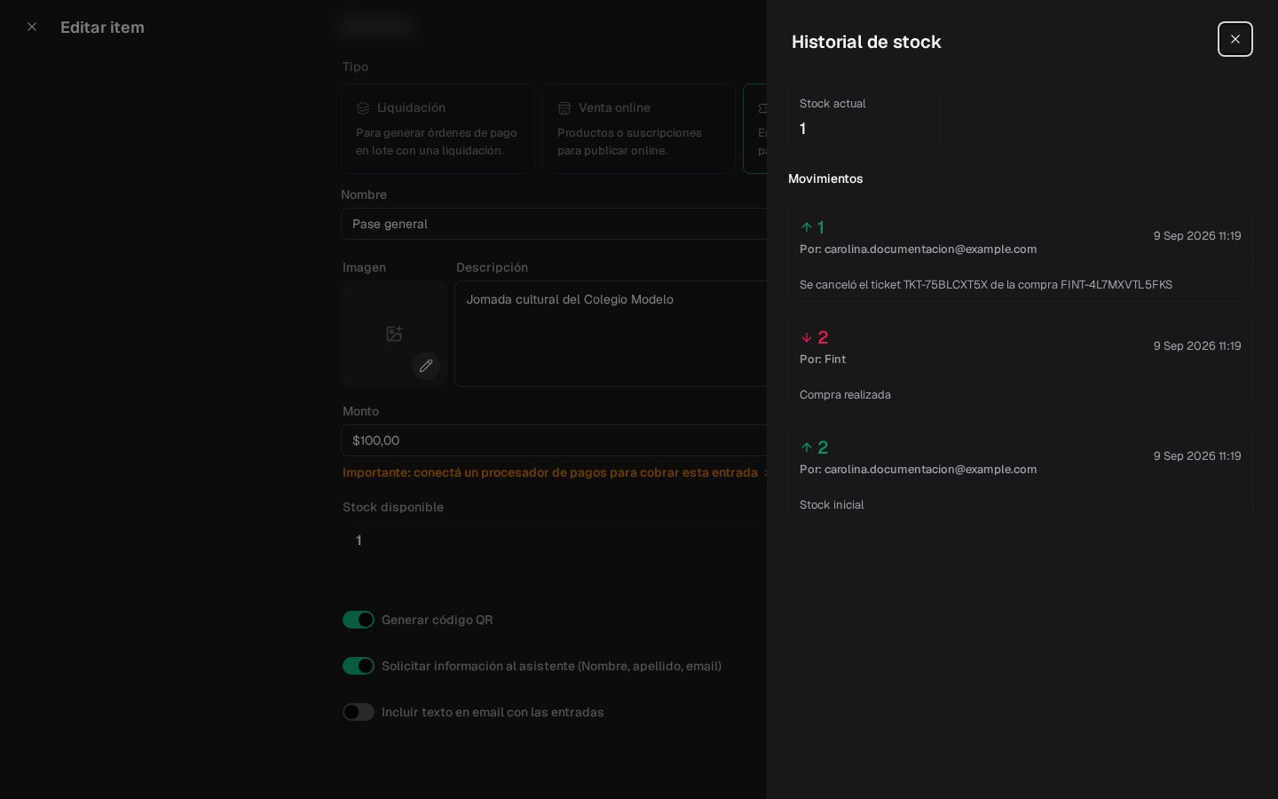 Historial tras cancelar la entrada de Julián: stock actual 1, aumento de una unidad, actor Carolina y motivo con referencias de entrada y compra