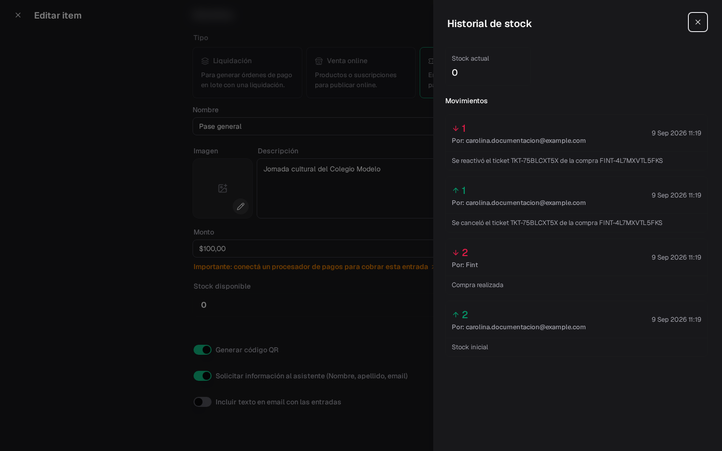 Historial después de reactivar: stock actual 0, disminución por reactivación y aumento previo por cancelación, con sus referencias y actor