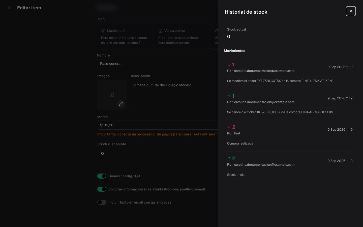 Historial después de reactivar: stock actual 0, disminución por reactivación y aumento previo por cancelación, con sus referencias y actor