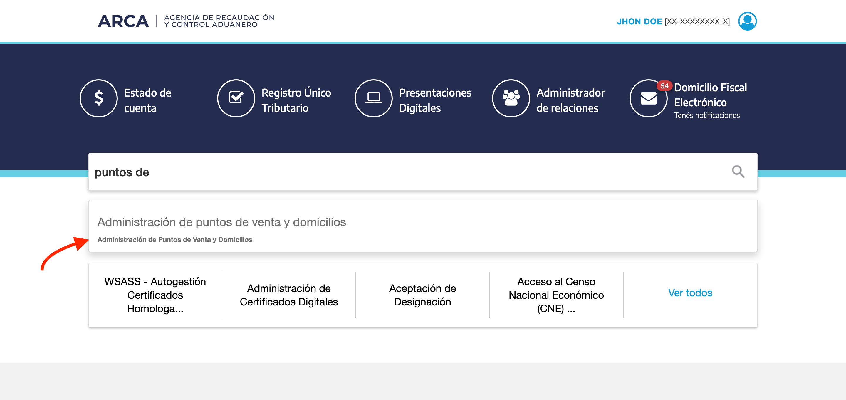 Portal ARCA: búsqueda puntos de, resultado Administración de puntos de venta y domicilios