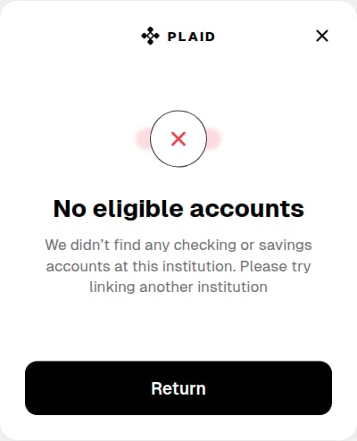Plaid's "No eligible accounts" error screen with a red X icon and a Return button