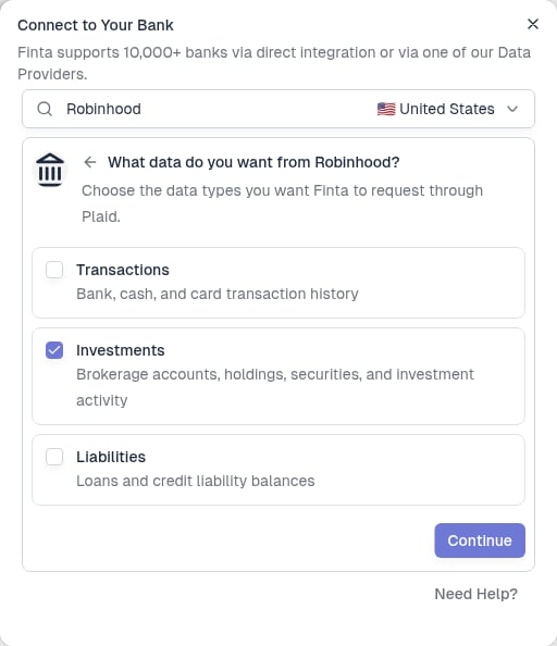 Selecting only Investments on the "What data do you want from Robinhood?" step