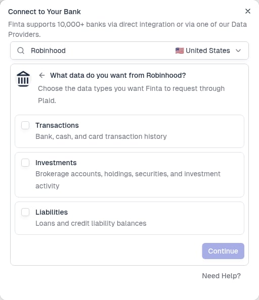 The "What data do you want from Robinhood?" step with Transactions, Investments, and Liabilities checkboxes