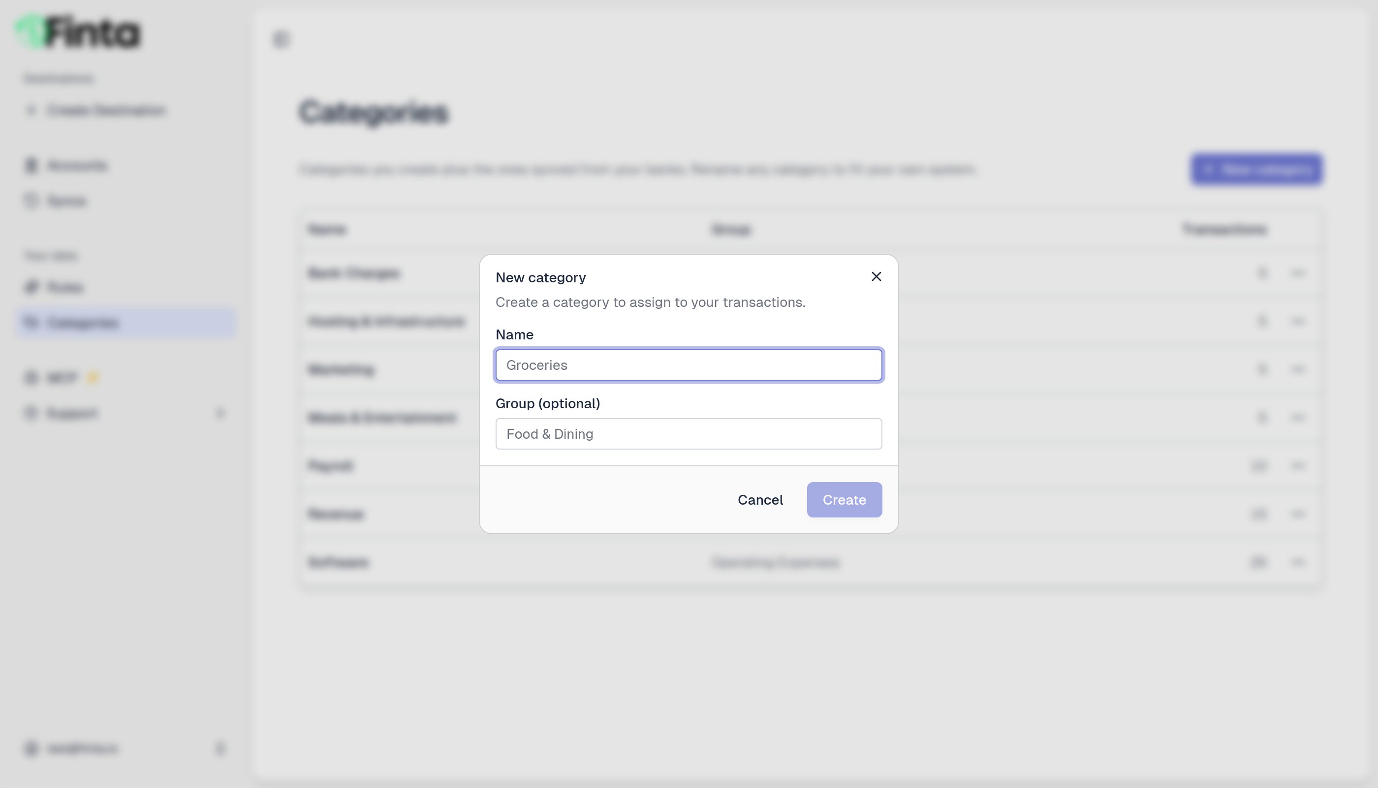 The New category dialog with a name and optional group