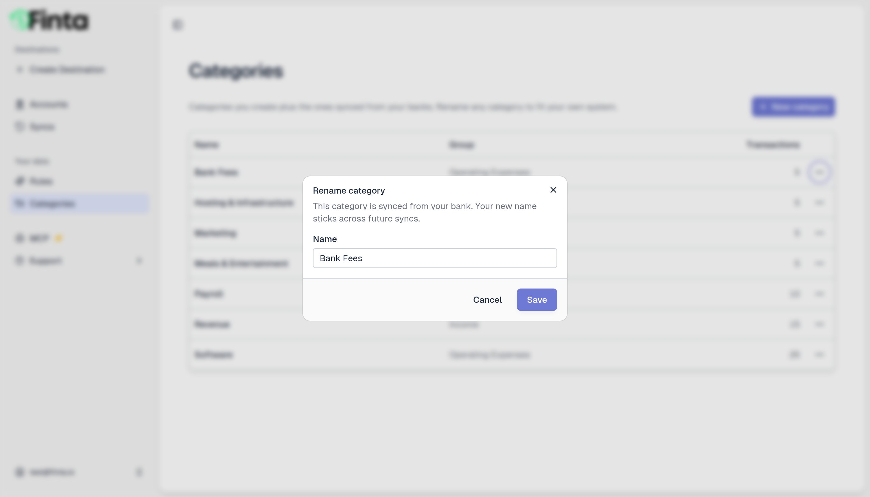 The Rename category dialog for a bank-synced category