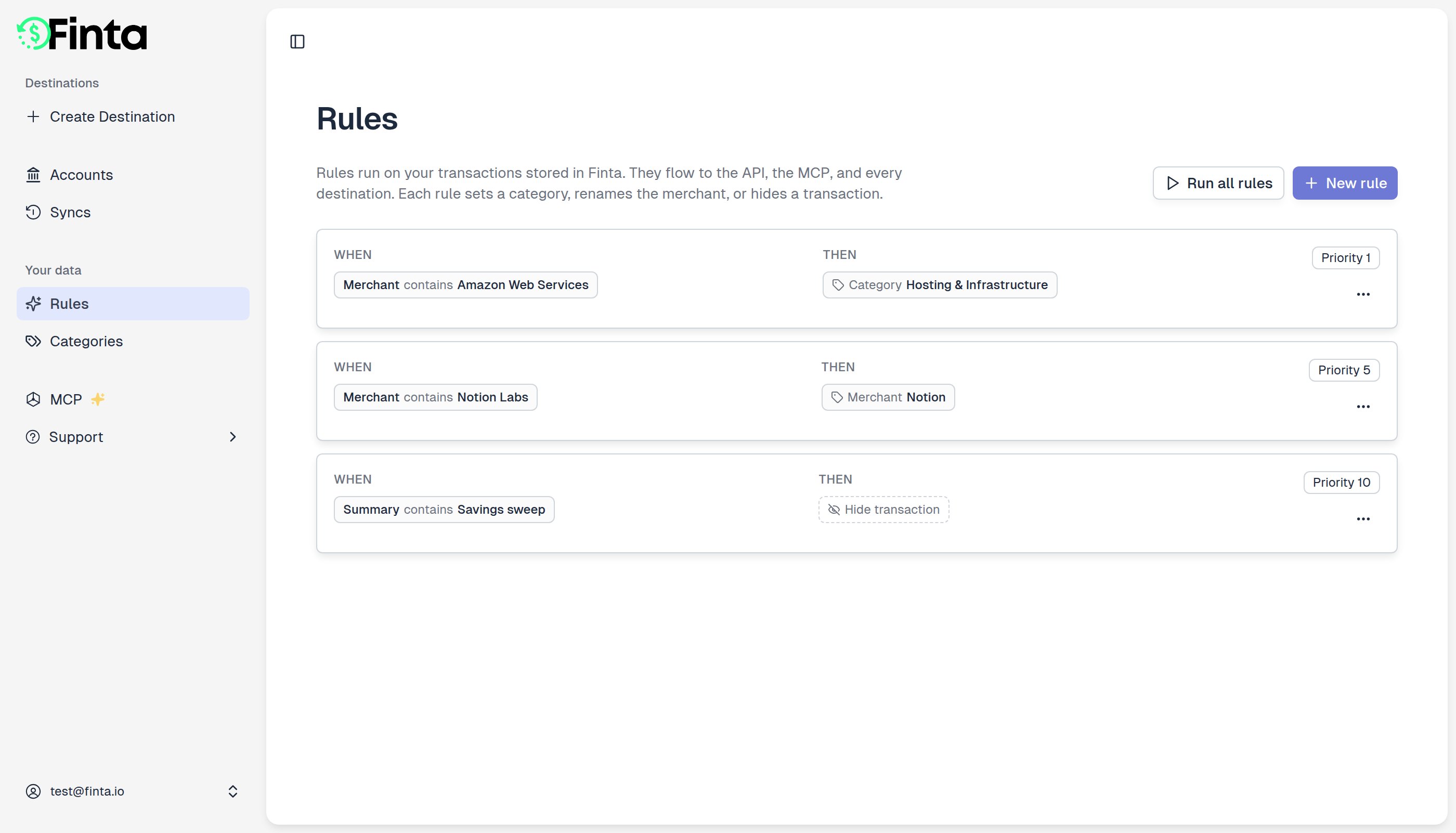 The Rules page listing transaction rules, each showing its conditions and outcome