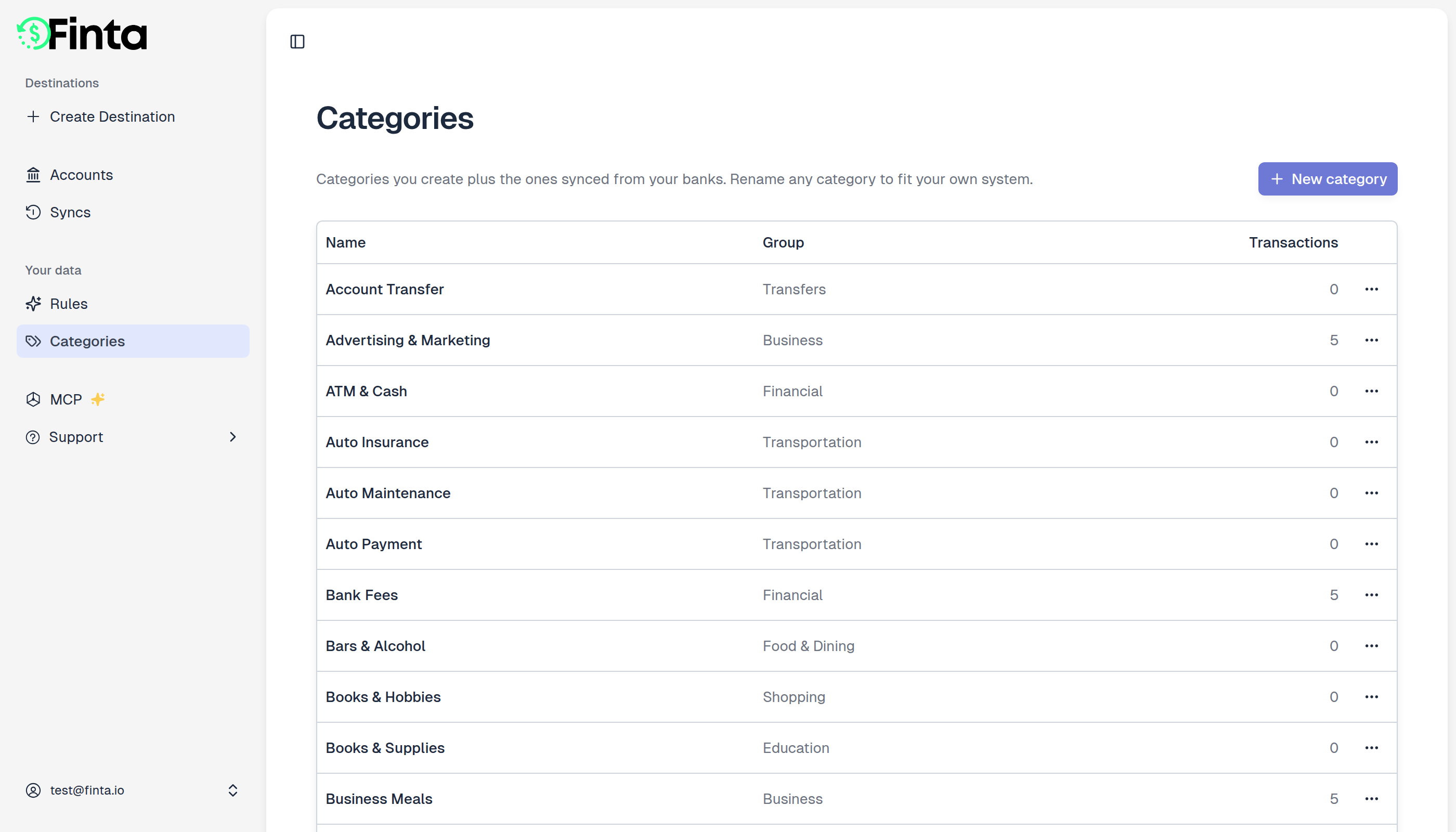The Categories page showing a table of categories with their group and transaction count