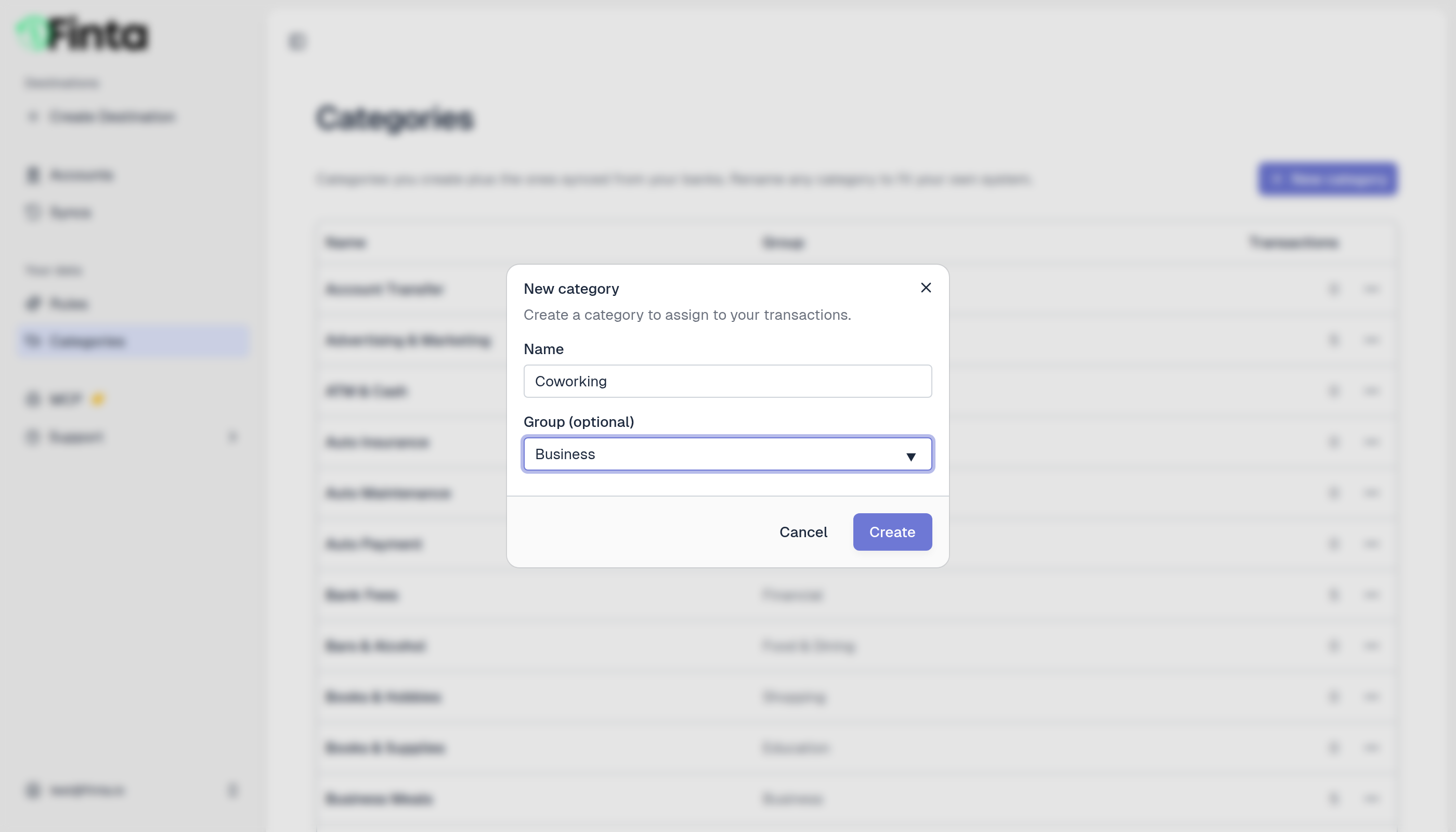 The New category dialog with a name and a group picker set to an existing group