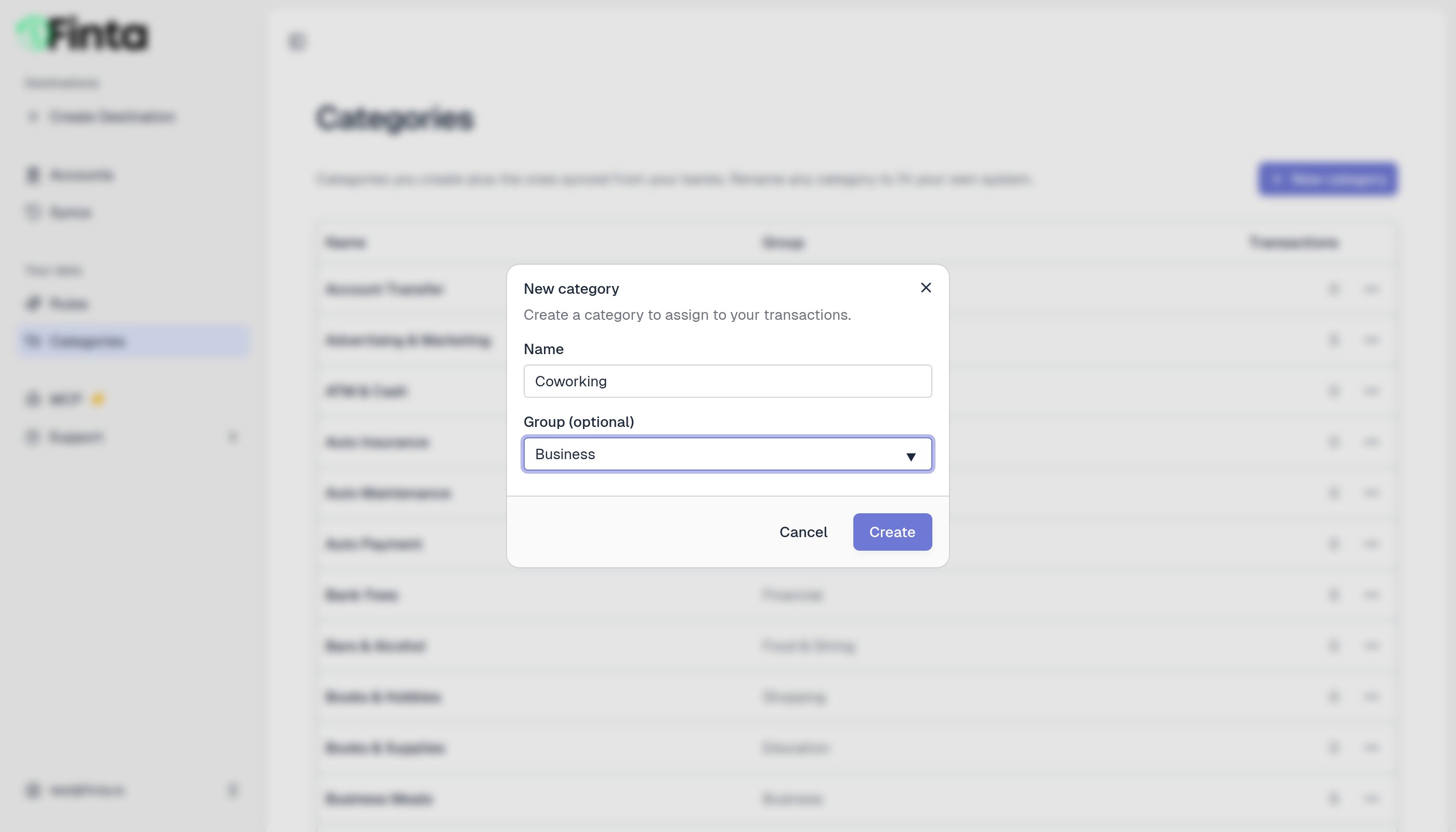 The New category dialog with a name and a group picker set to an existing group