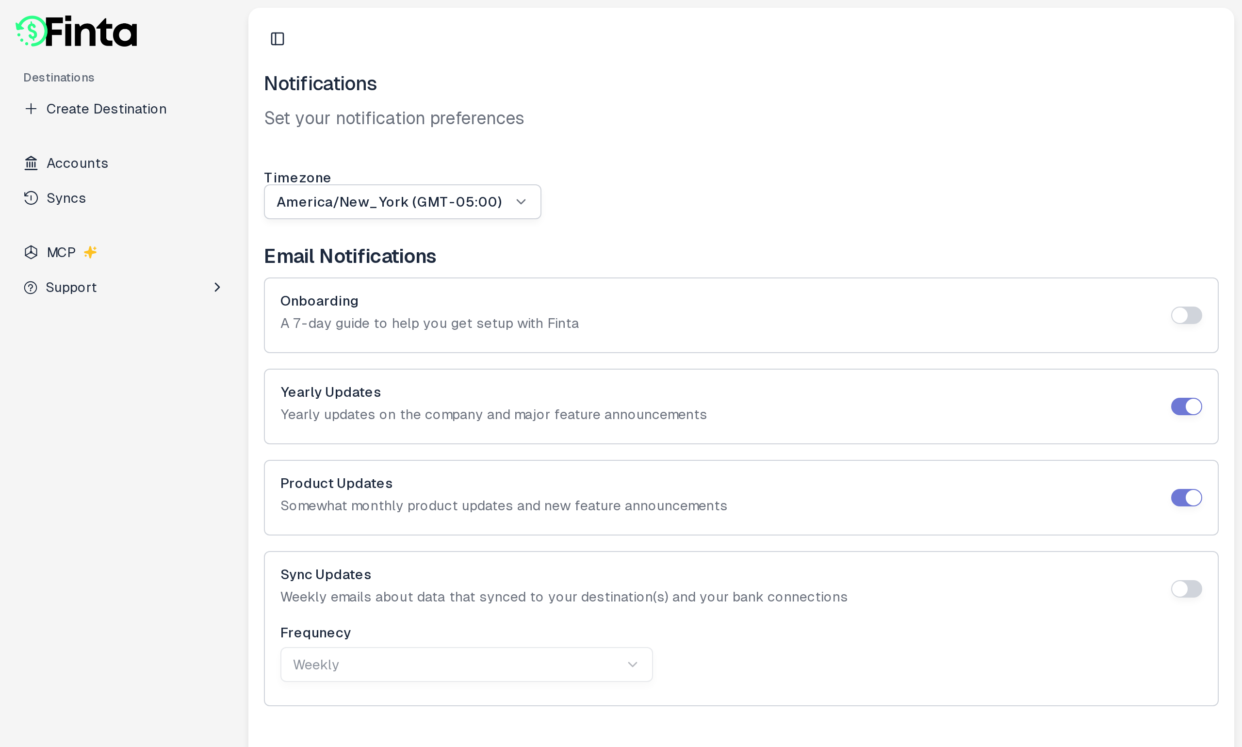 The Notifications settings page, with a switch for each email topic, a frequency dropdown for Sync Updates, and a Timezone selector