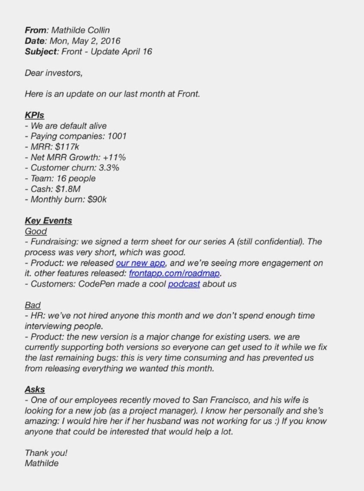 Monthly investor update email from Front covering KPIs, good and bad key events, and asks