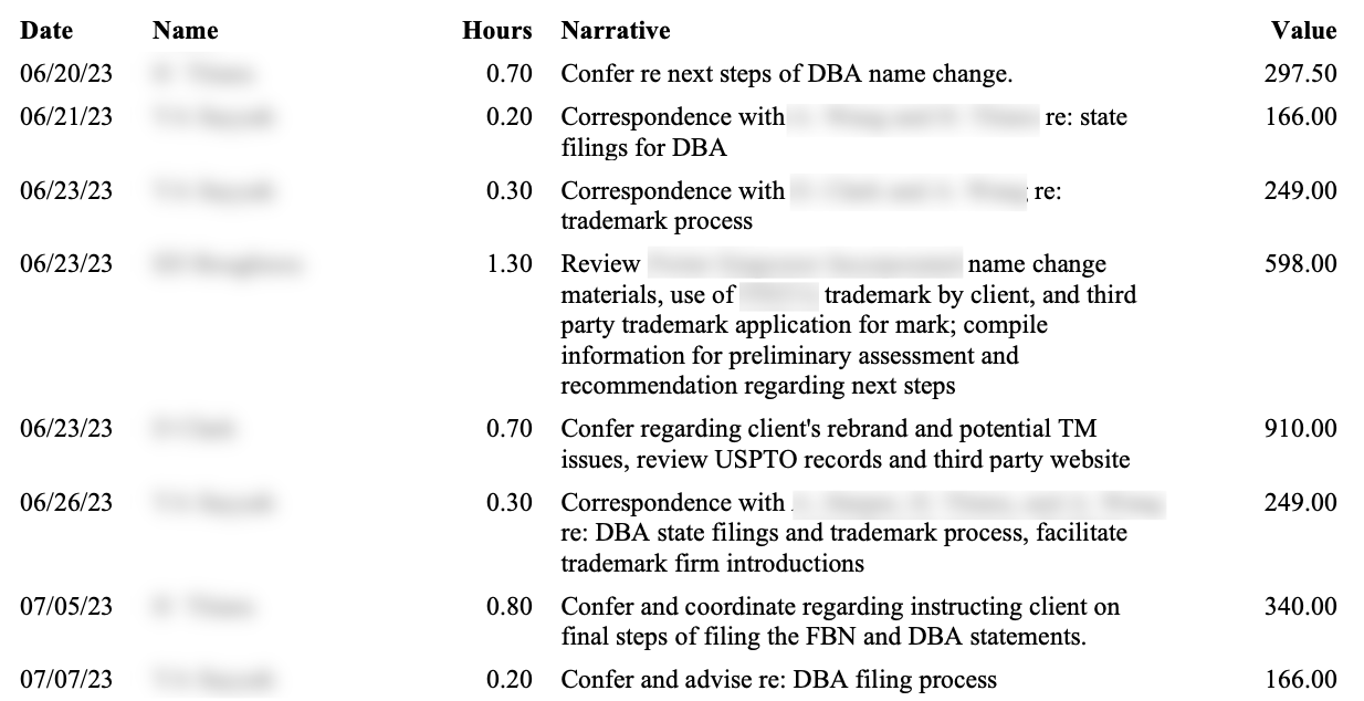 Law firm invoice with multiple 0.25-hour charges