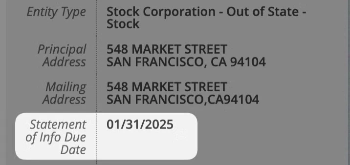 Entity details panel showing the Statement of Info Due Date