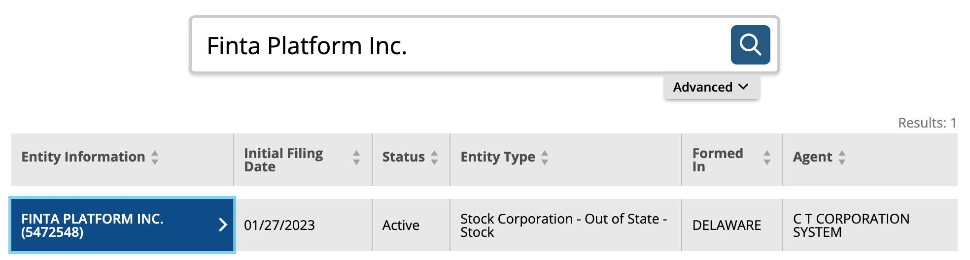 bizfile Online search results showing a California entity row