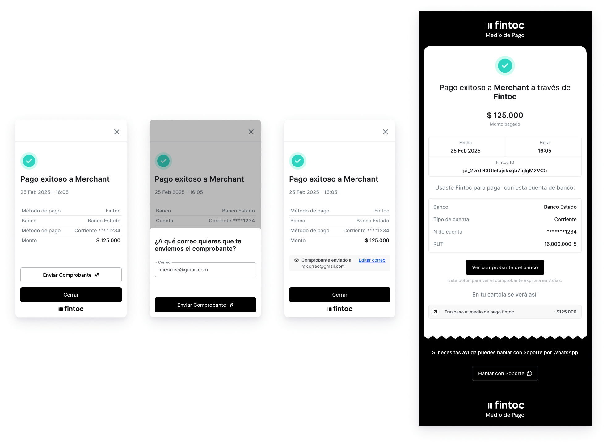 Flujo para solicitar comprobante de pago exitoso por correo en el widget + ejemplo de correo enviado