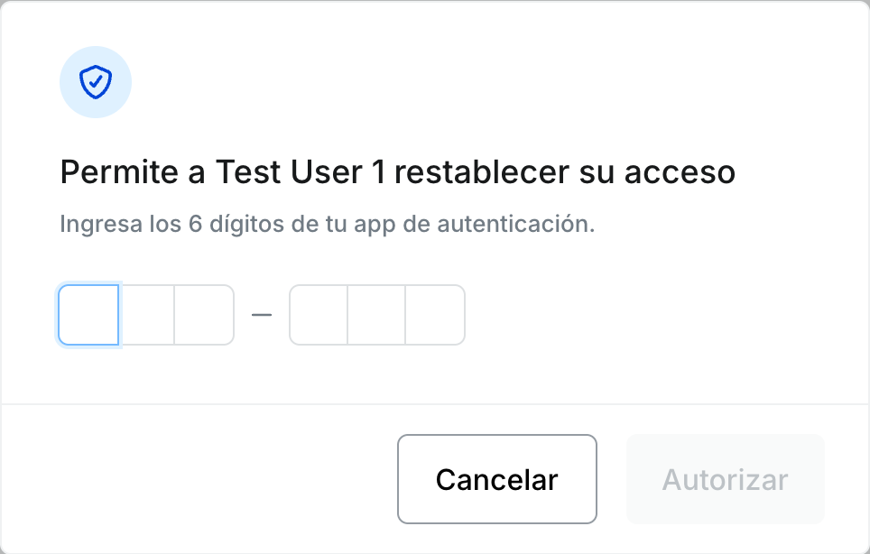 Diálogo titulado Permite a Test User 1 restablecer su acceso, con un campo para el código de 6 dígitos y un botón Autorizar