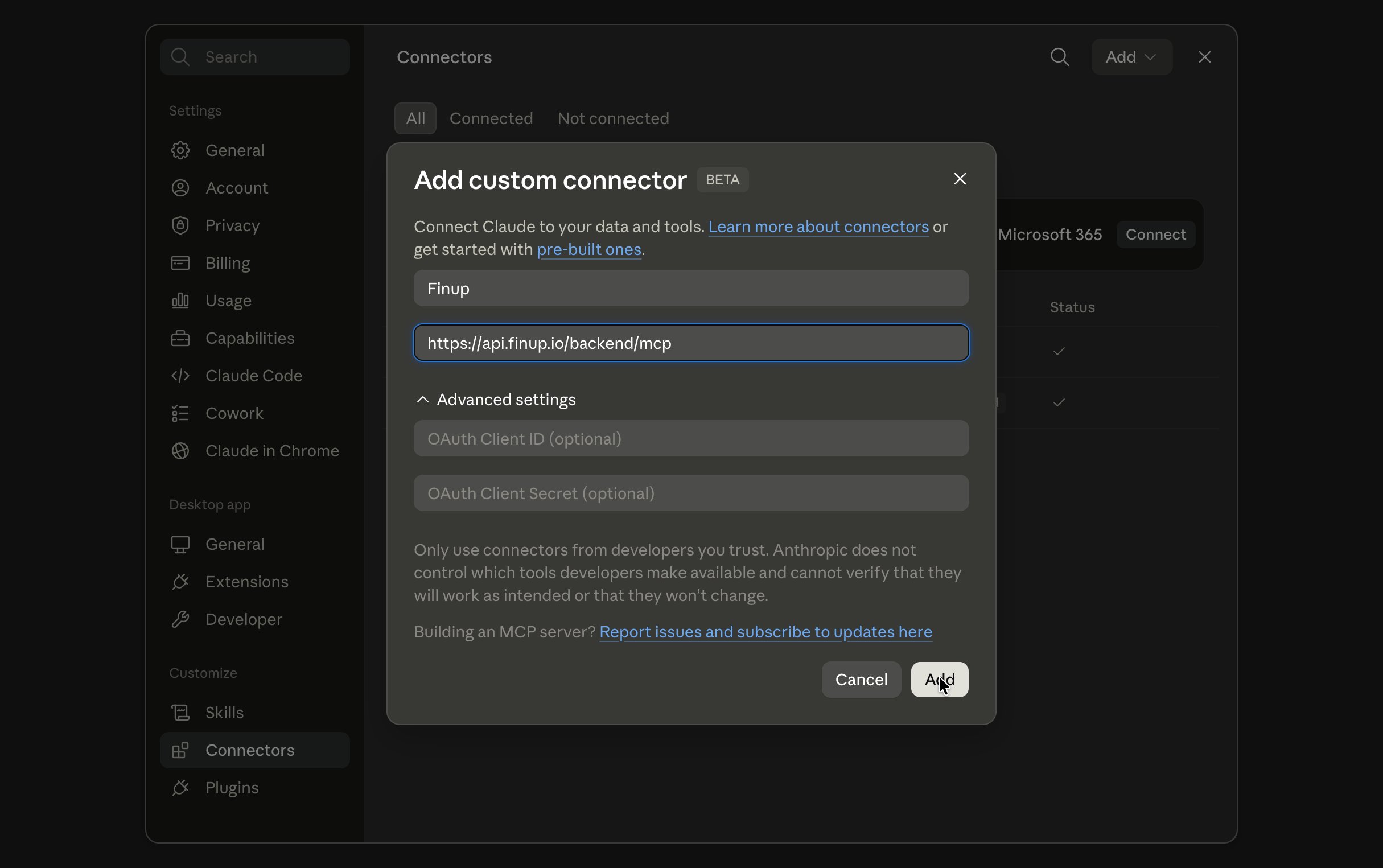 Add custom connector dialog