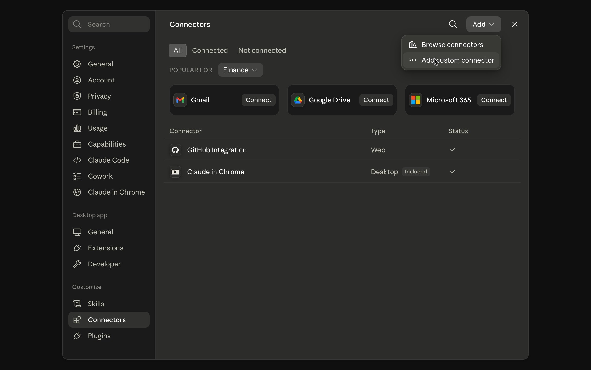 Claude connector settings