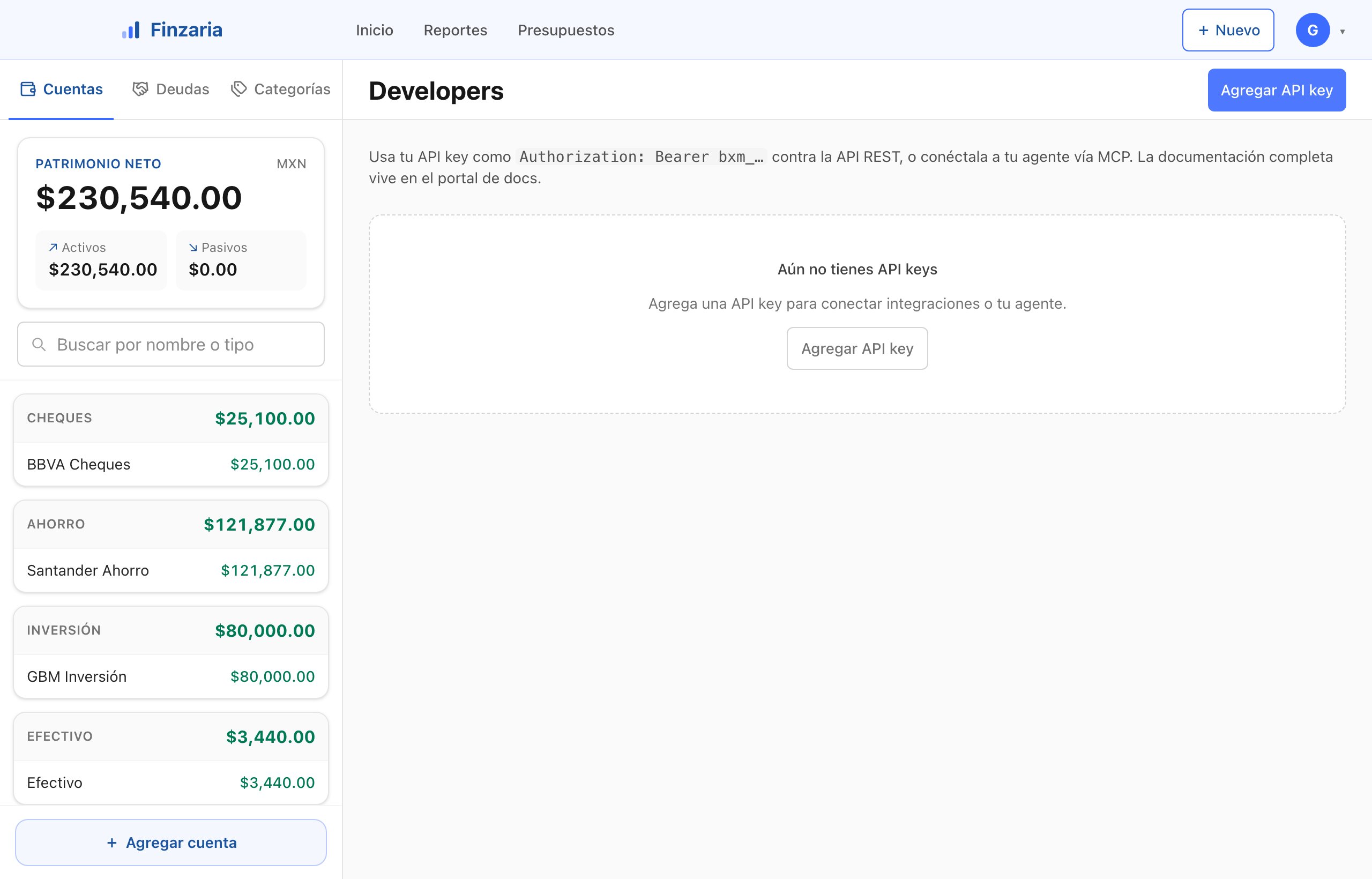 Página de Developers para crear API keys