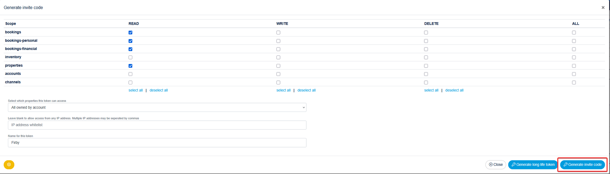 Beds24 : fenêtre Generate invite code avec les scopes bookings, bookings-personal, bookings-financial et properties cochés en lecture