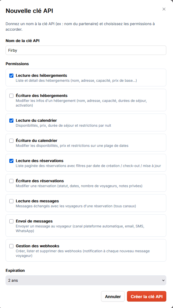 Superhote : fenêtre Nouvelle clé API avec le nom Firby et les permissions de lecture cochées