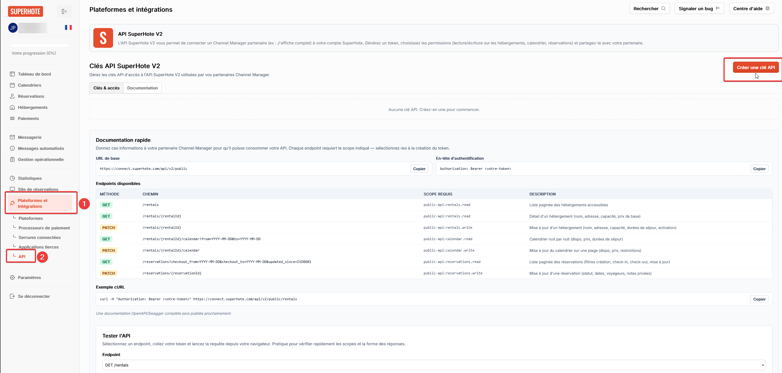 Superhote : Plateformes et Intégrations → API → Créer une clé API