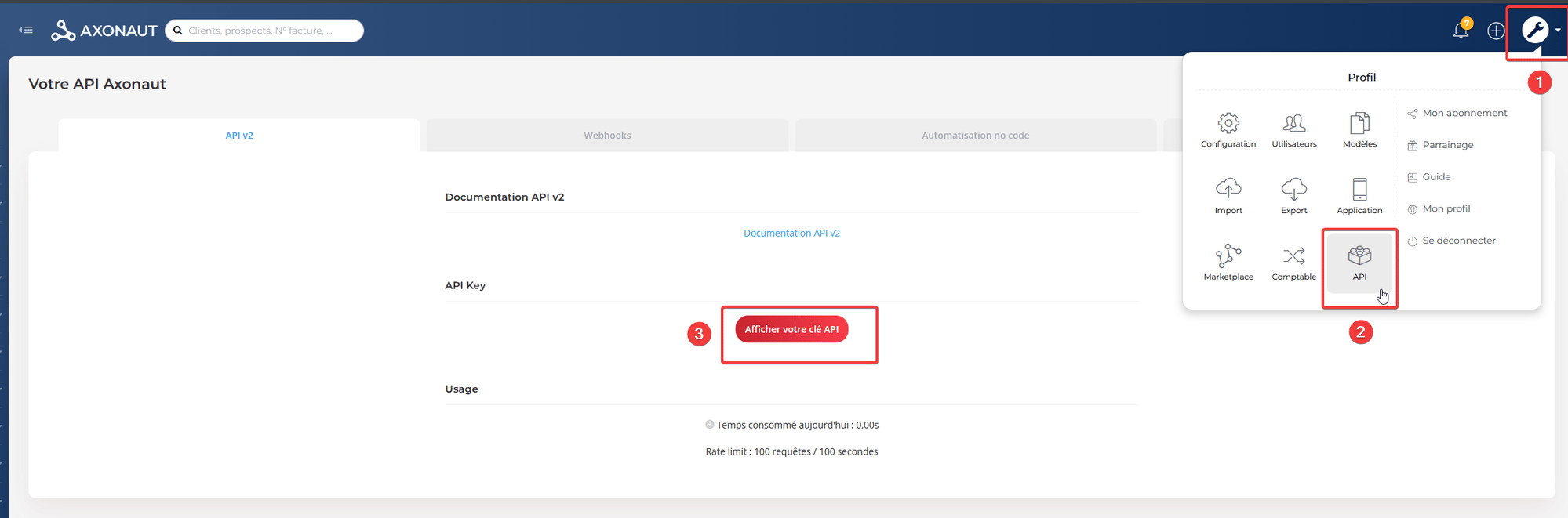 Axonaut : réglages → API → Afficher votre clé API