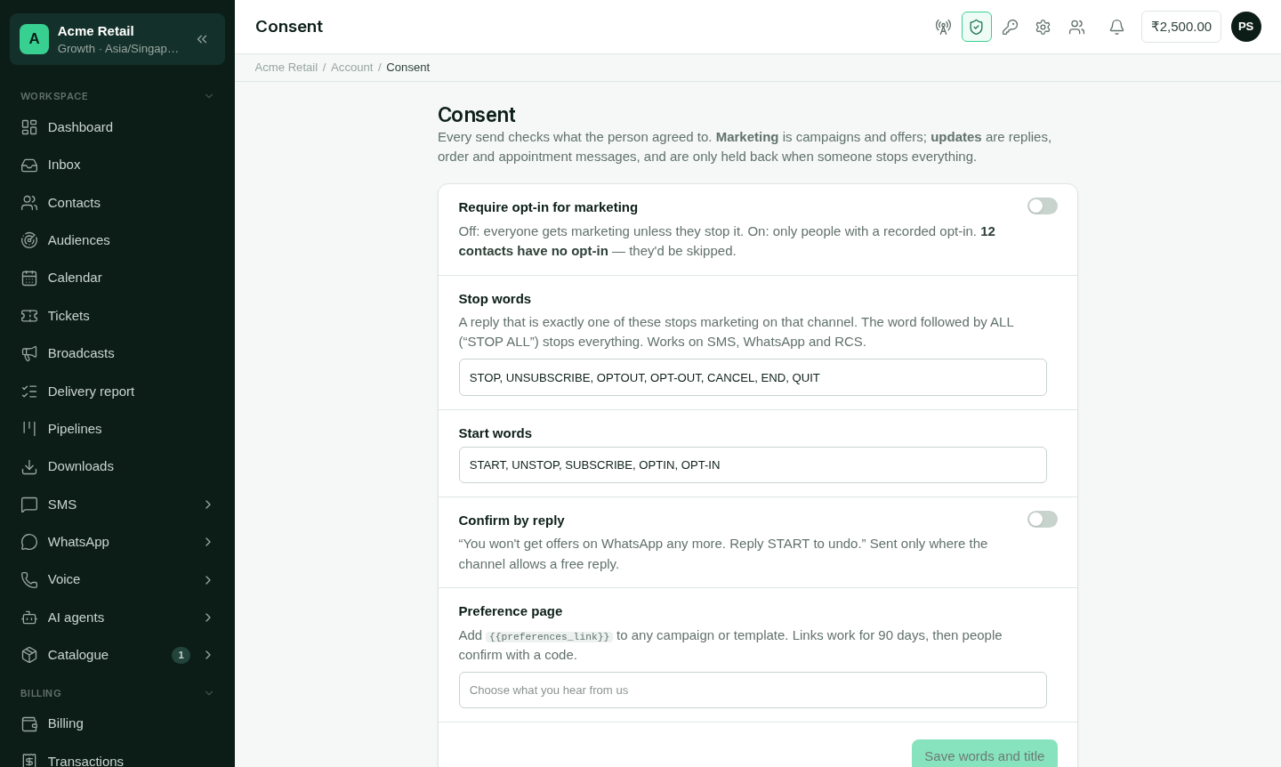 Consent settings with opt-in for marketing, stop words, start words and the preference page
