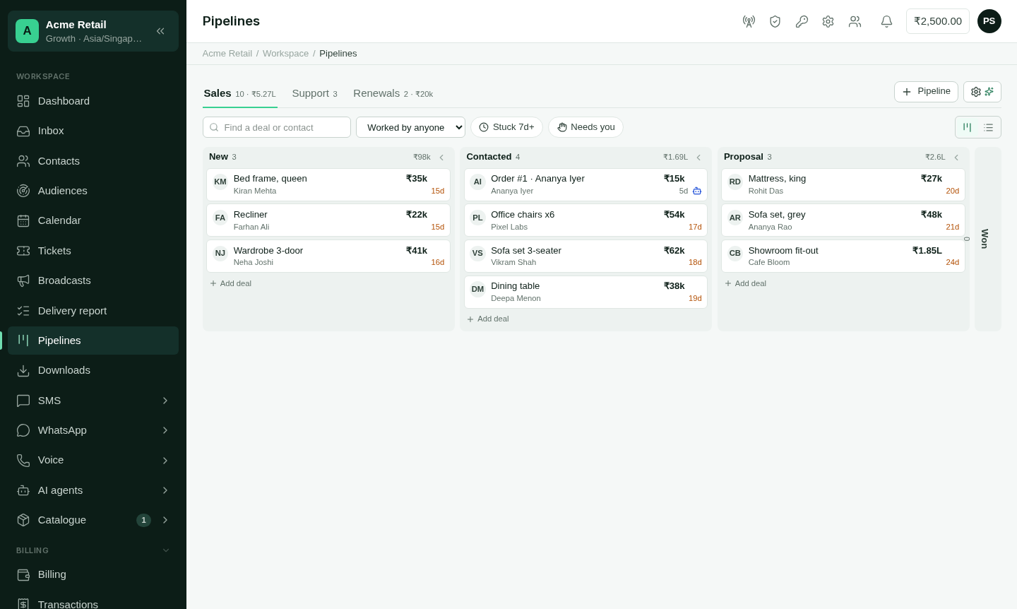 A pipeline board with deals in stage columns