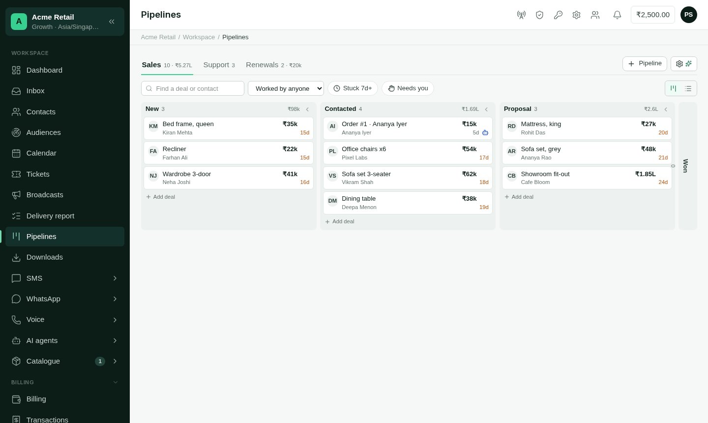 A pipeline board with deals in stage columns