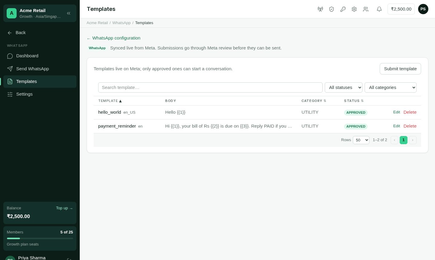 The WhatsApp message templates list with status badges