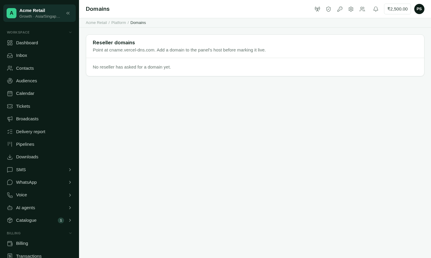 The Domains page, listing resellers' domains with their status, the DNS records to add, and a Mark live button.