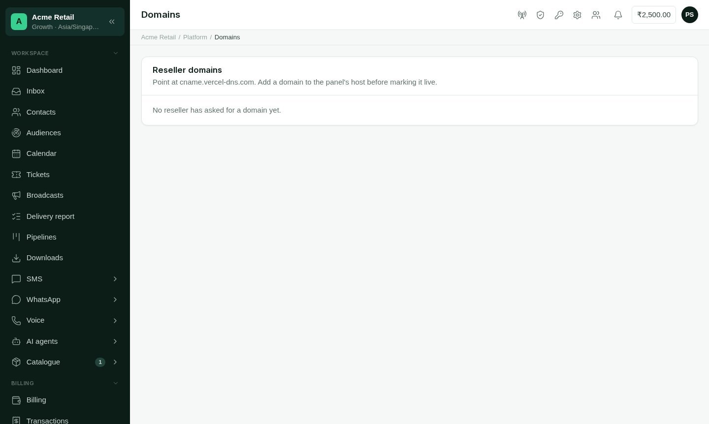 The Domains page, listing resellers' domains with their status, the DNS records to add, and a Mark live button.