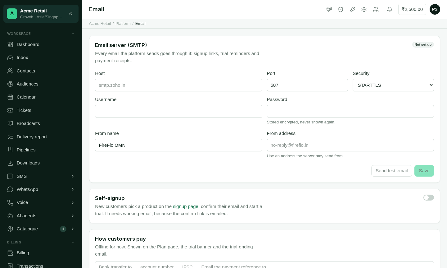 The Email page, with the SMTP server form, the self-signup switch and the payment instructions box.