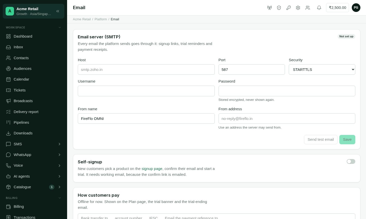 The Email page, with the SMTP server form, the self-signup switch and the payment instructions box.