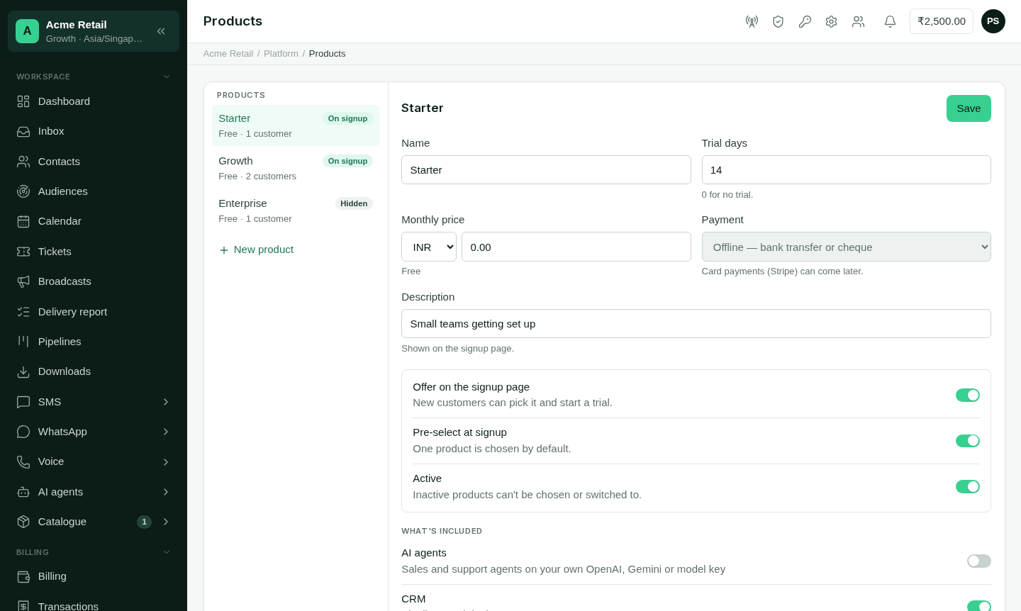 The Products page, with a list of products on the left and the editor for one product on the right.