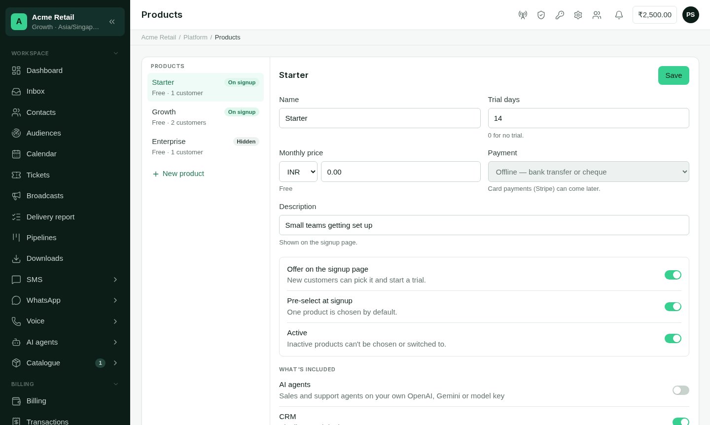 The Products page, with a list of products on the left and the editor for one product on the right.