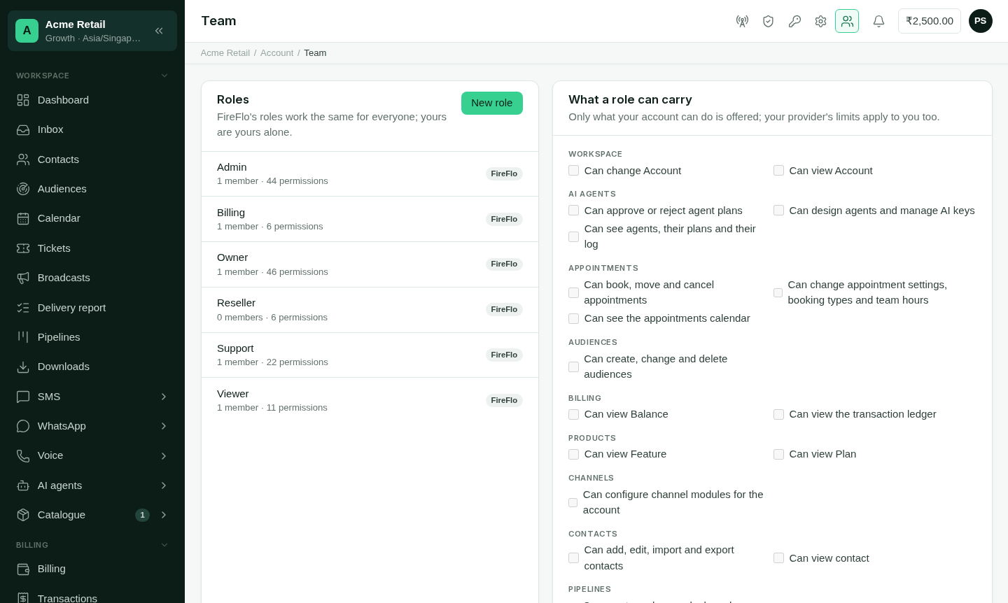 The Roles screen listing shared and custom roles with the permissions each carries