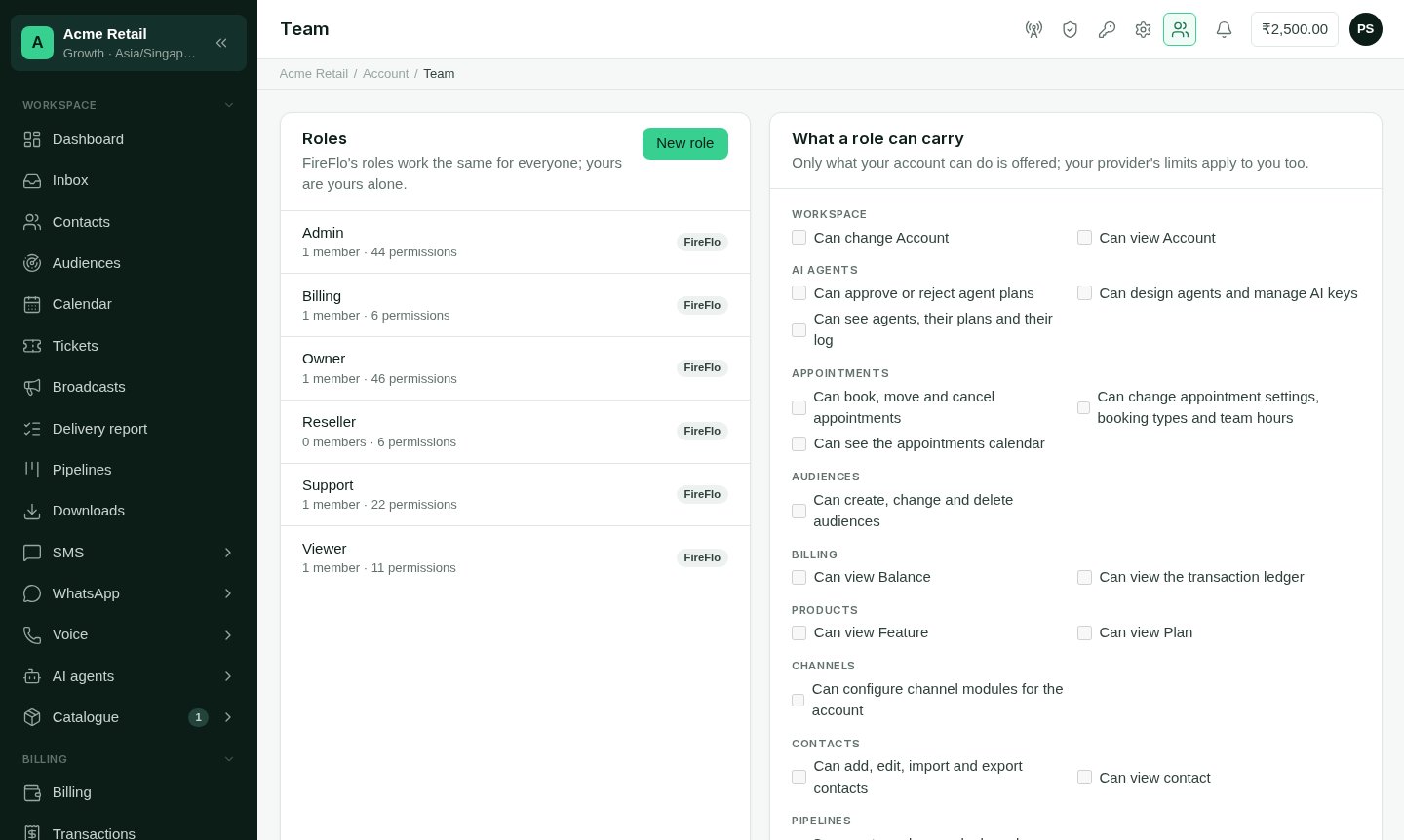 The Roles screen listing shared and custom roles with the permissions each carries