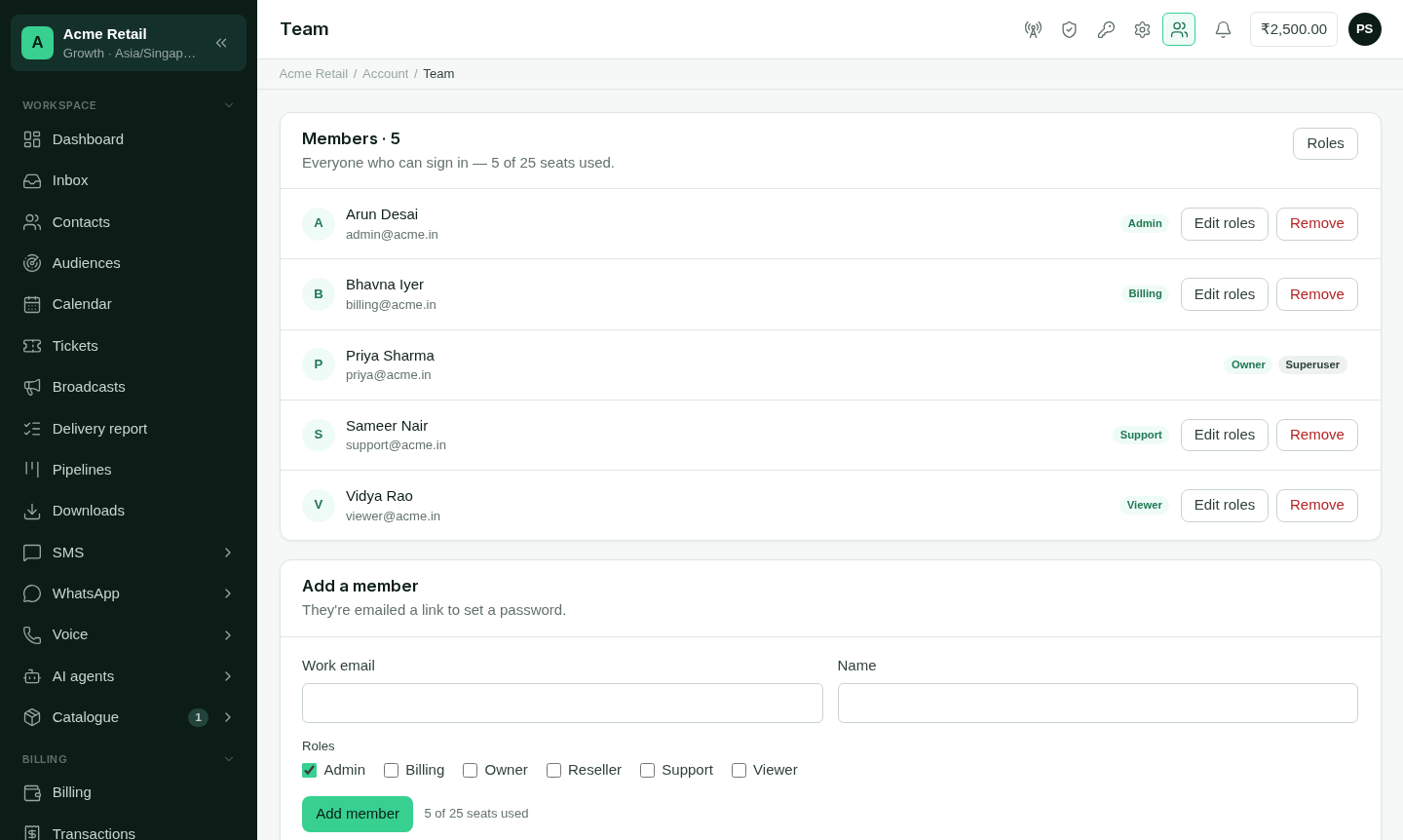 The Team screen listing members, their roles and invitation state, with the add-a-member form