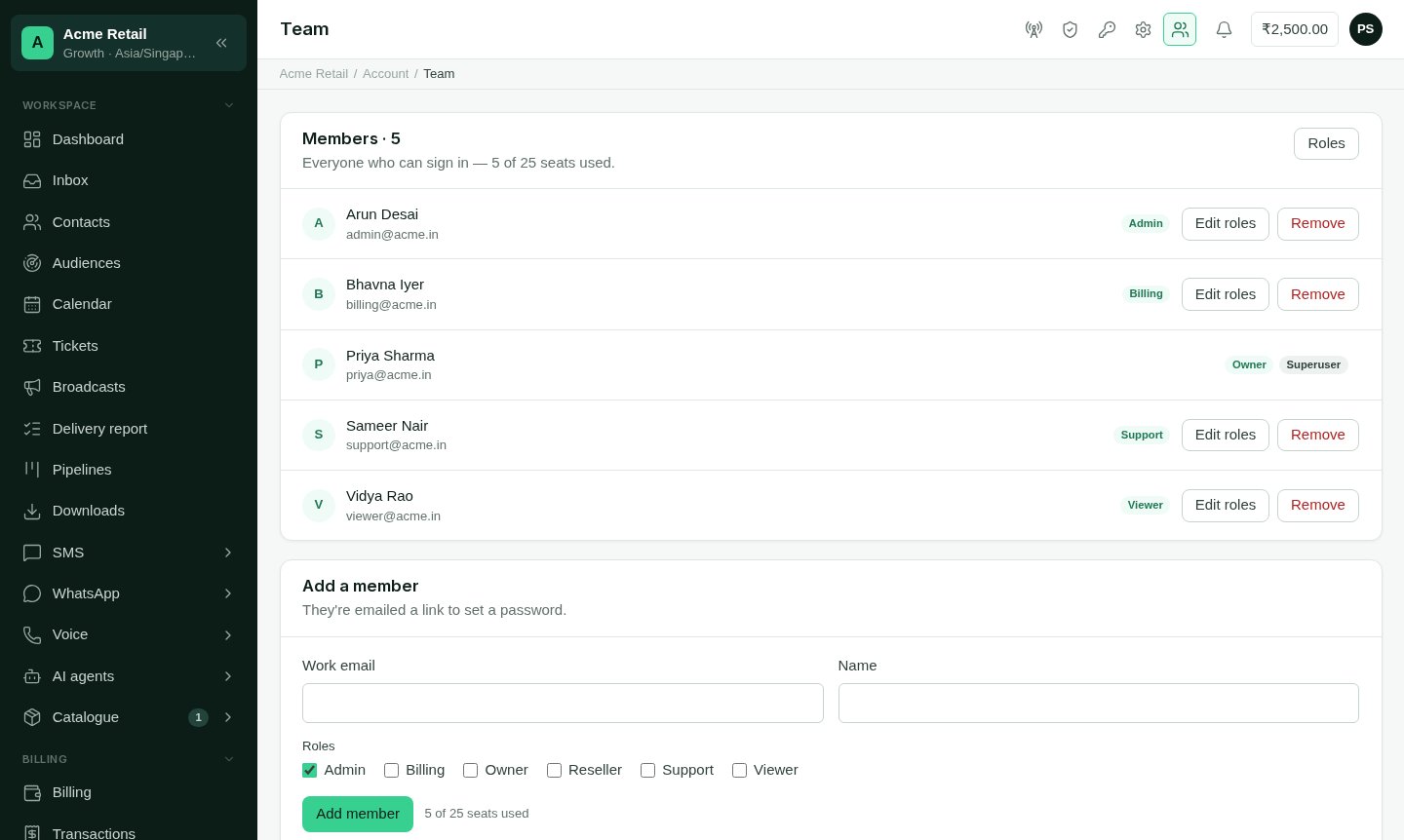 The Team screen listing members, their roles and invitation state, with the add-a-member form