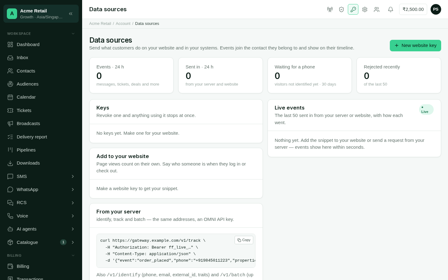 Data sources with event counts, keys and the website snippet