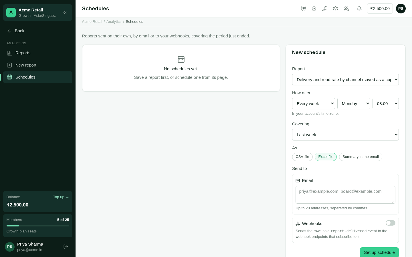 The report schedules page