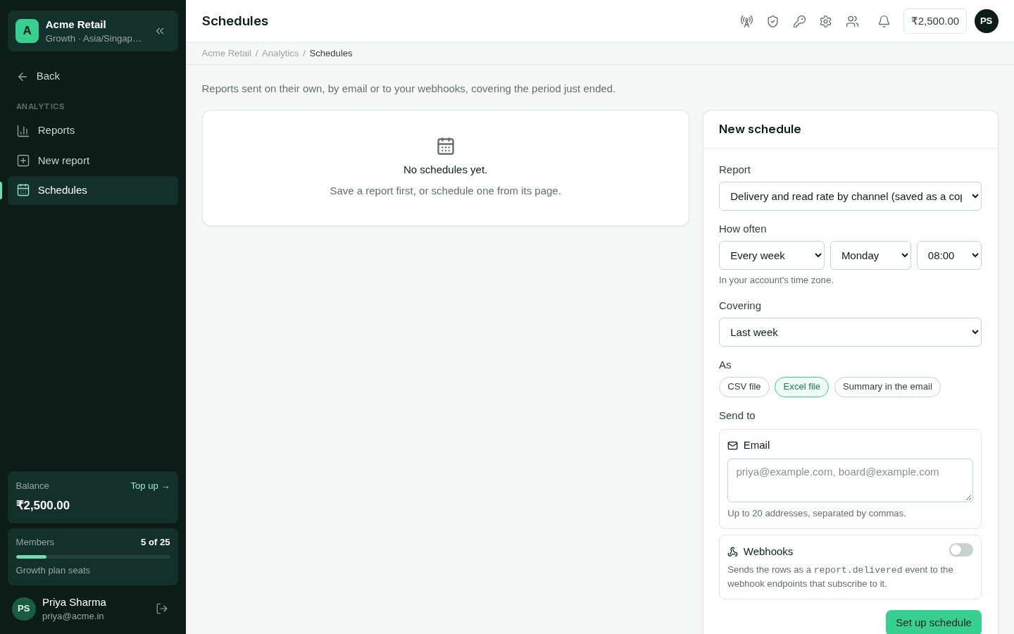 The report schedules page