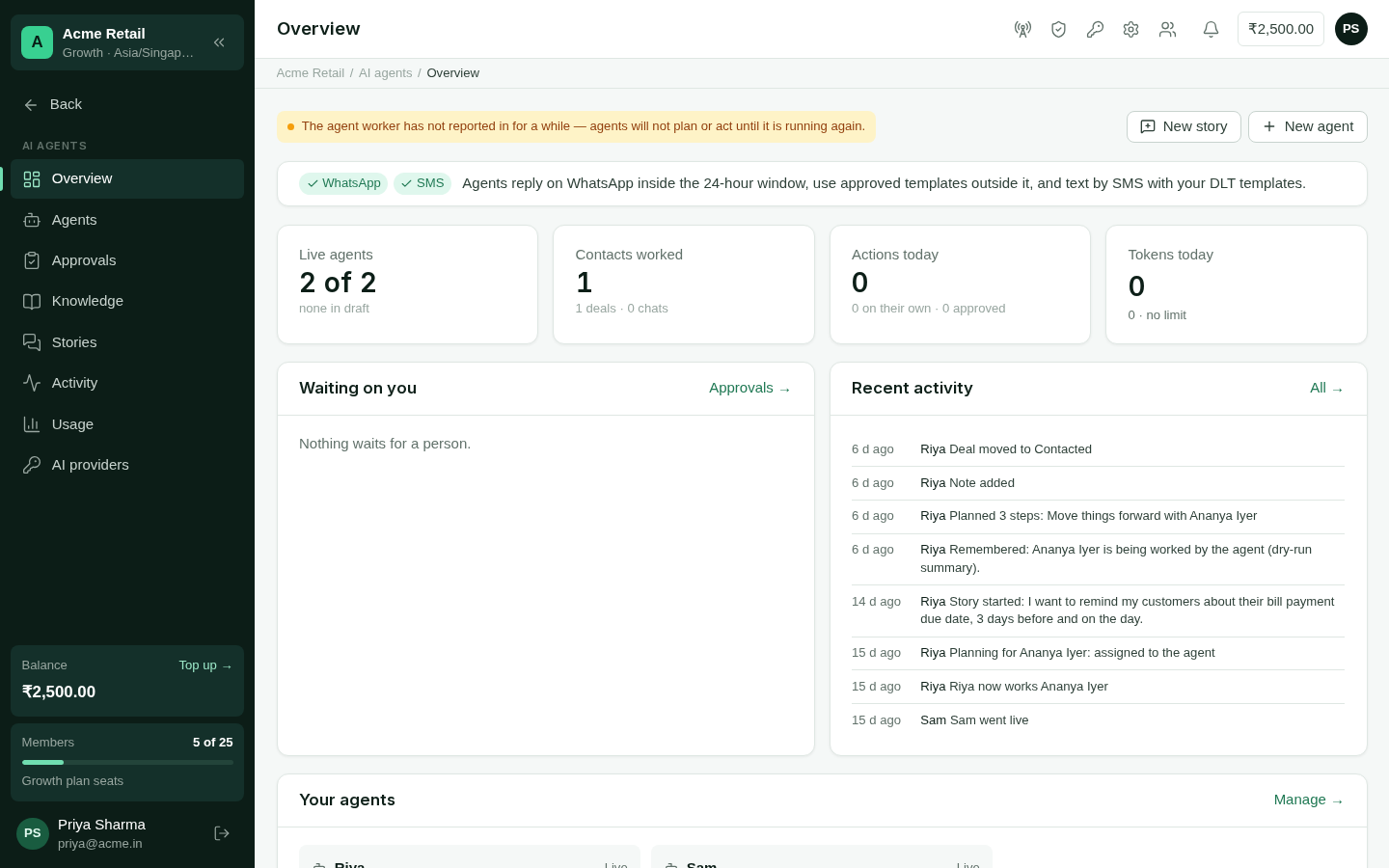 AI agents overview with live agents, tokens today and plans waiting for approval
