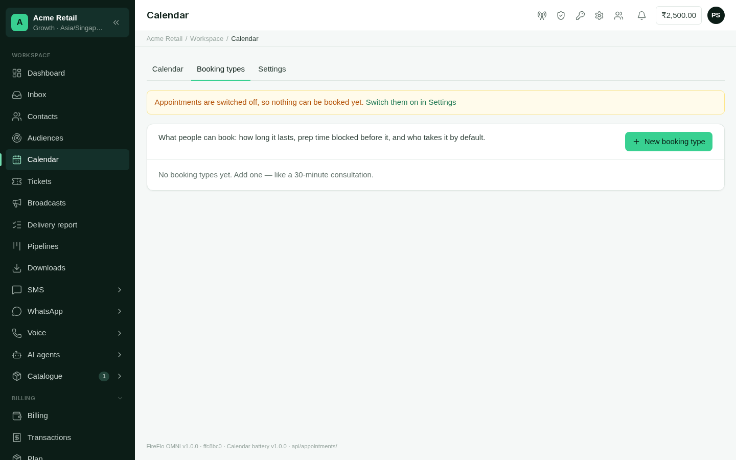 The booking types list with slot duration, mode and default staff
