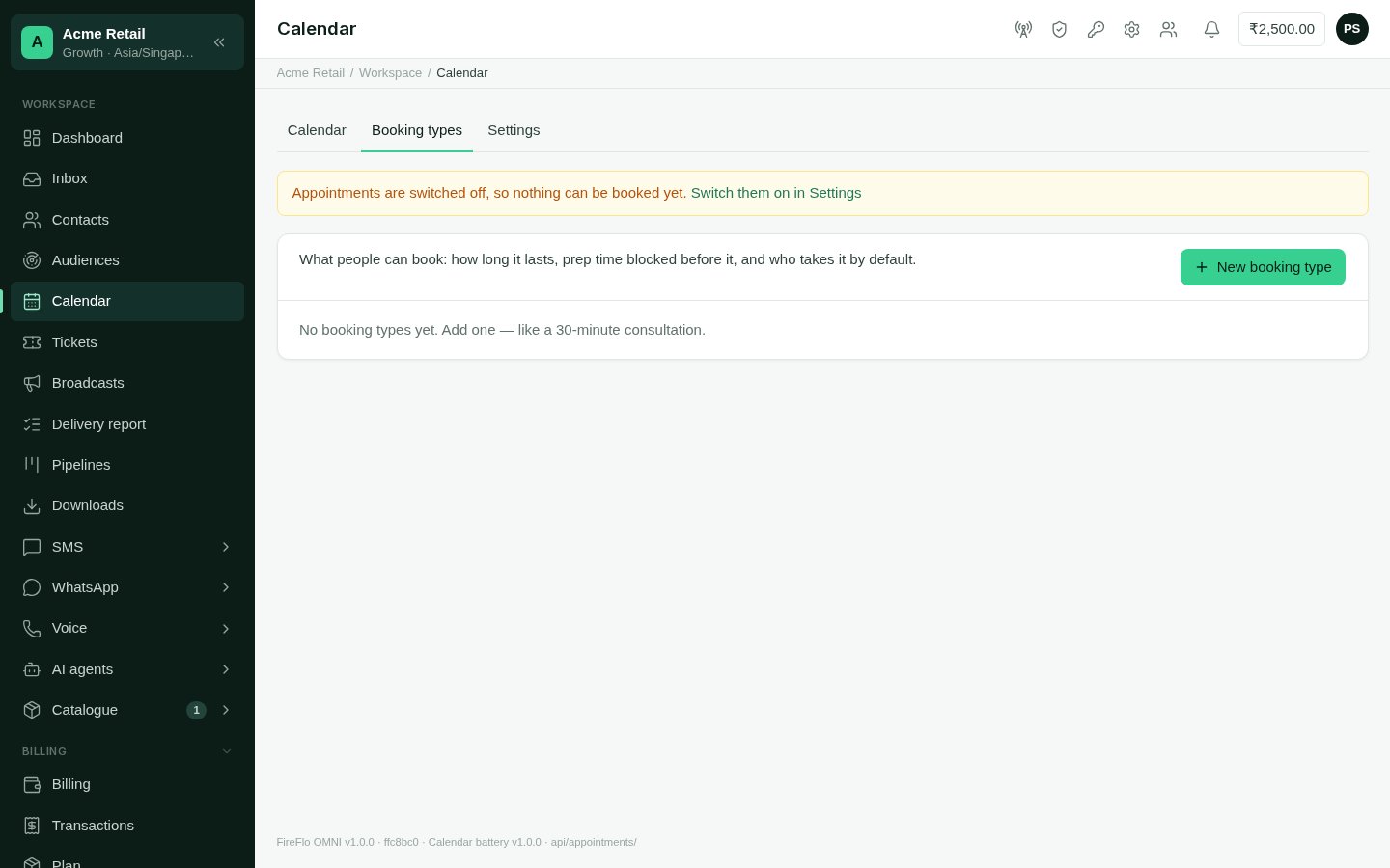 The booking types list with slot duration, mode and default staff