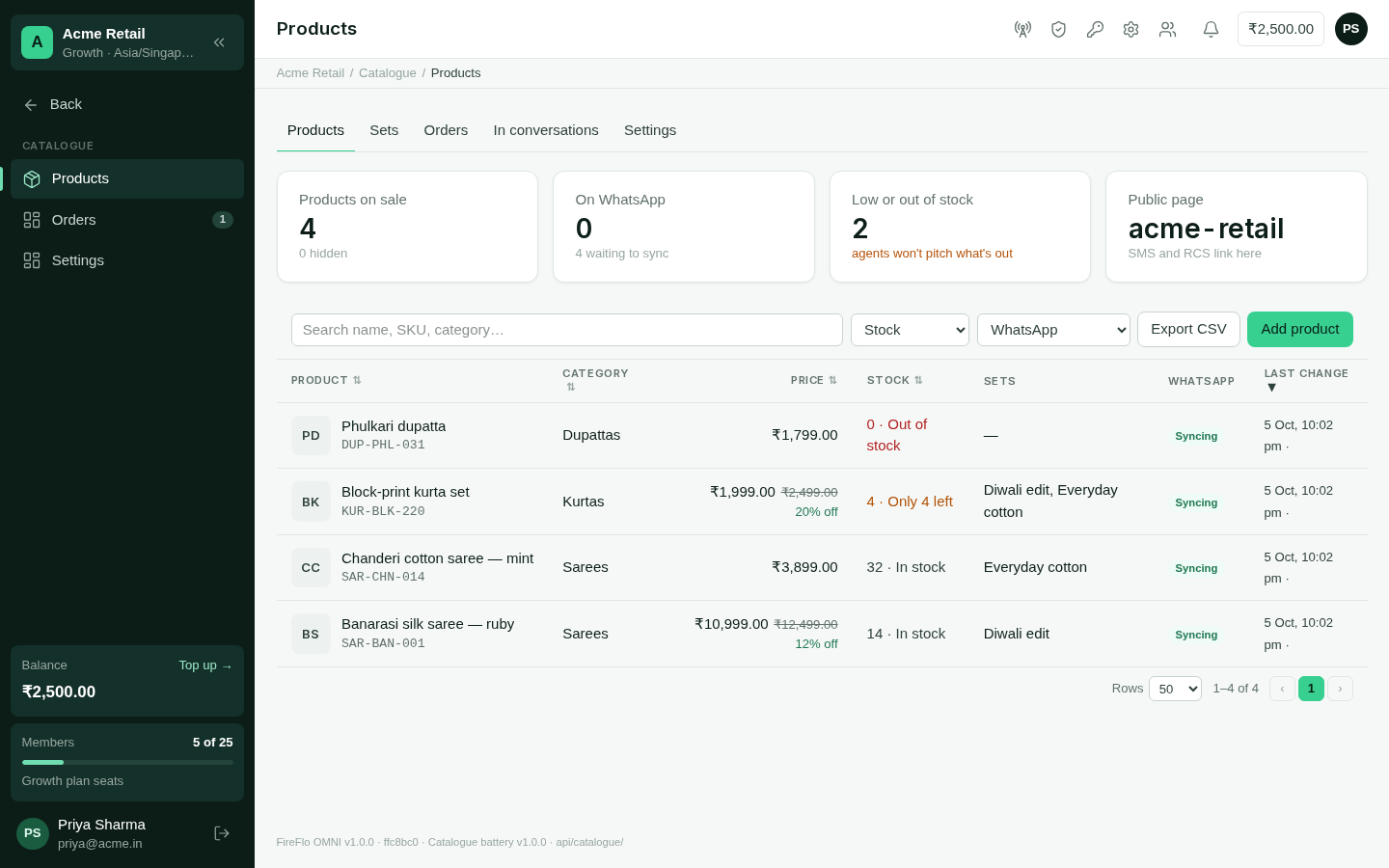 The products list with prices, stock and WhatsApp sync status