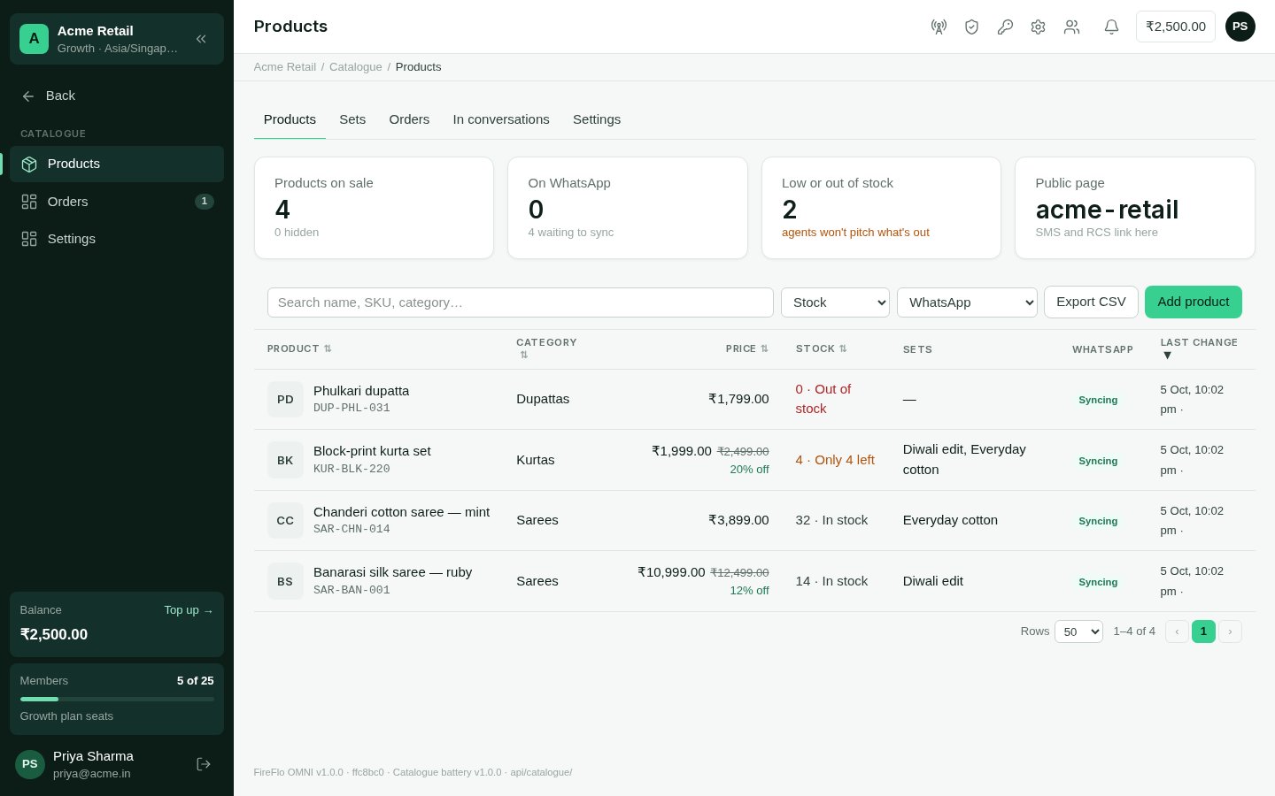 The products list with prices, stock and WhatsApp sync status