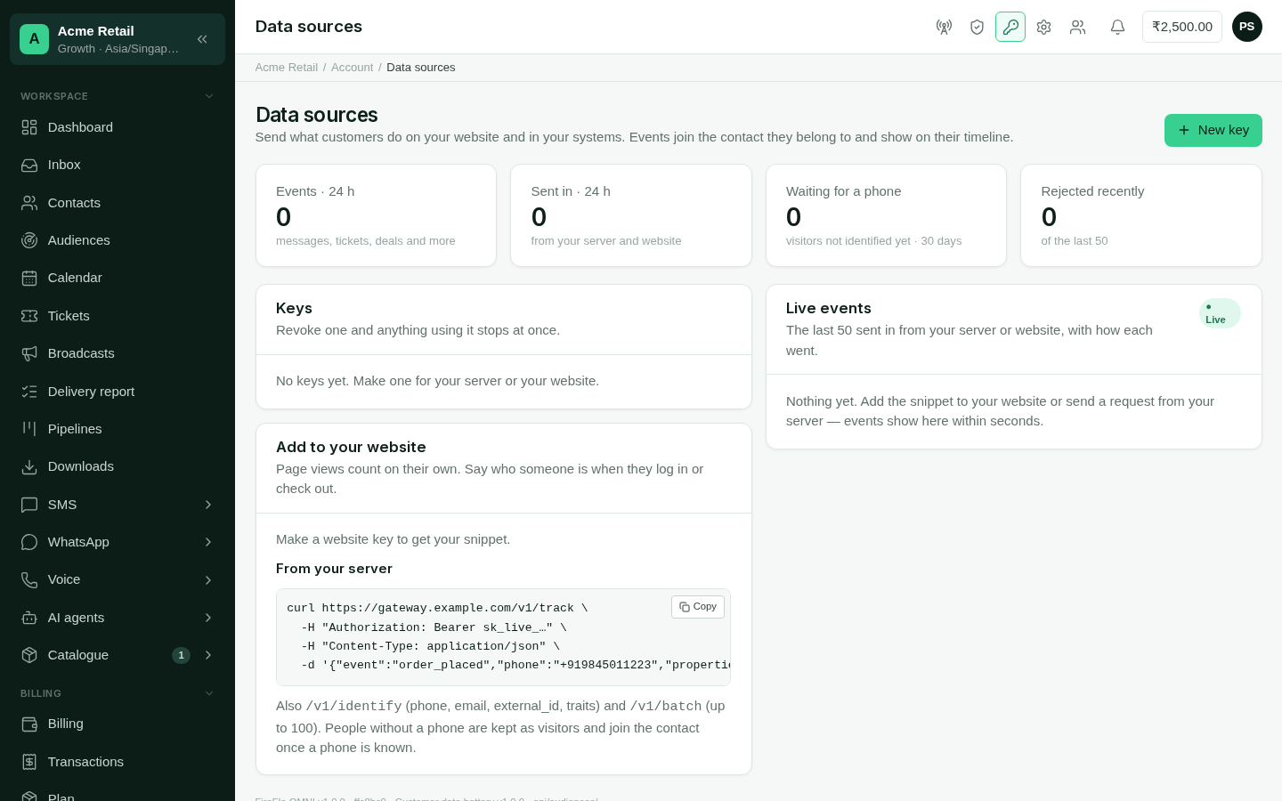 Data sources with event counts, keys and the website snippet